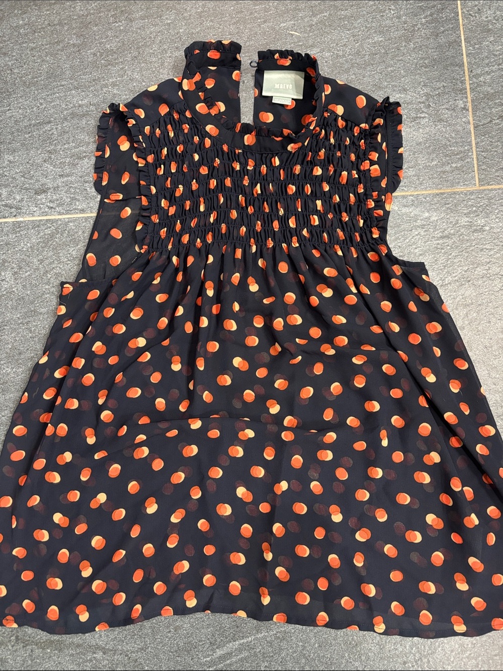 Maeve Smocked Sheer Navy Blouse with Orange Dot Print